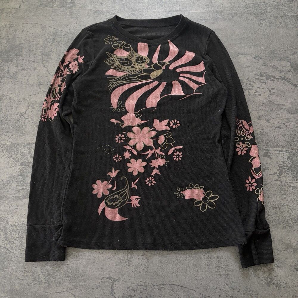 Vintage Y2K Bird Flower Print Medium Black Ribbed Knitted Longsleeve Art